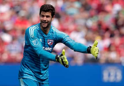 FC Dallas goalie Jimmy Maurer (14) shouts at a linesman after a close play at the net in the...