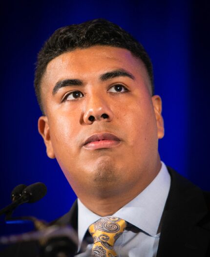 Keynote speaker Adan Gonzalez pauses during his speech at the Dallas Mayor's Intern Fellows...