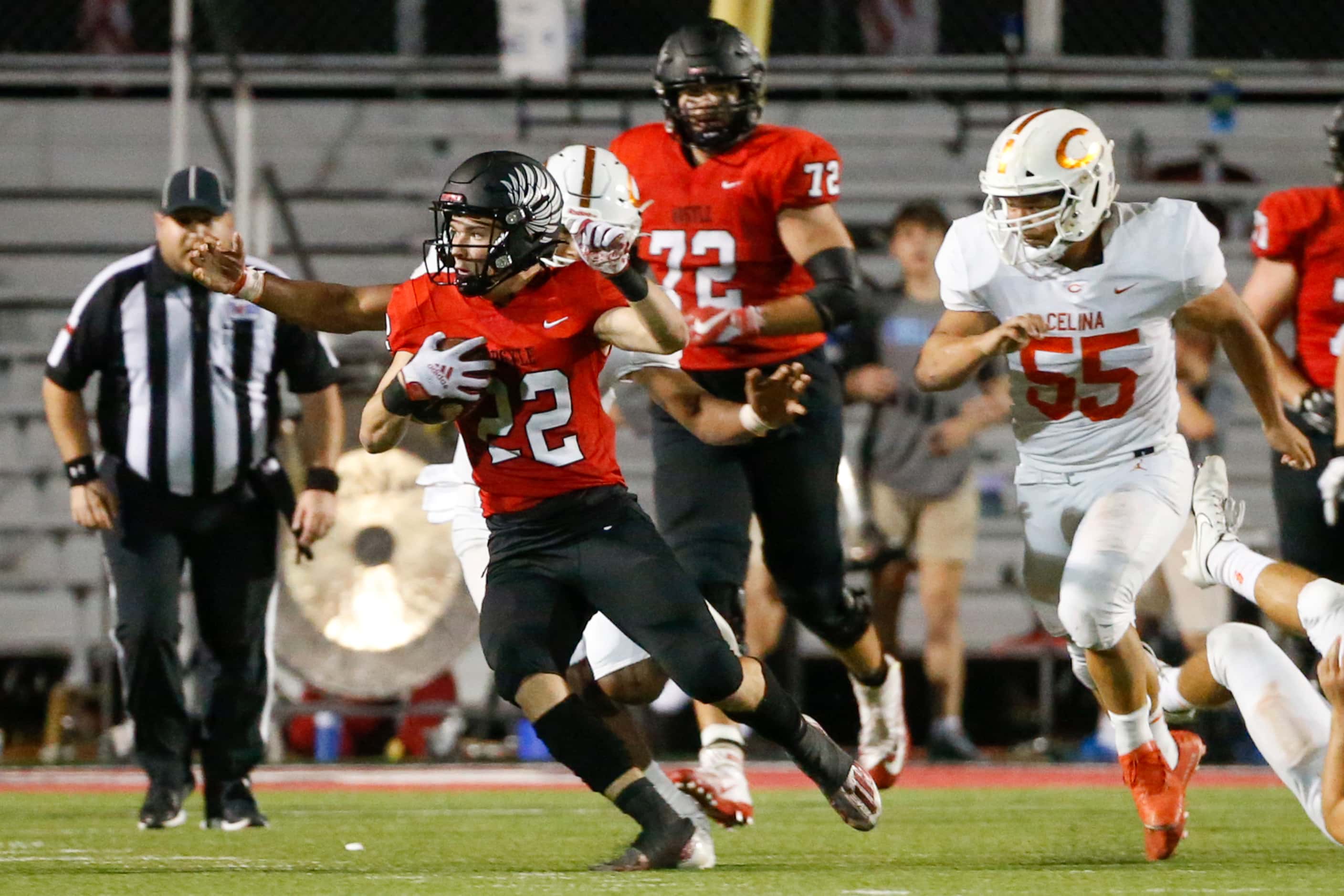 Argyle running back Dax Horany (22) runs past Celina defensive lineman William Pace (55)...