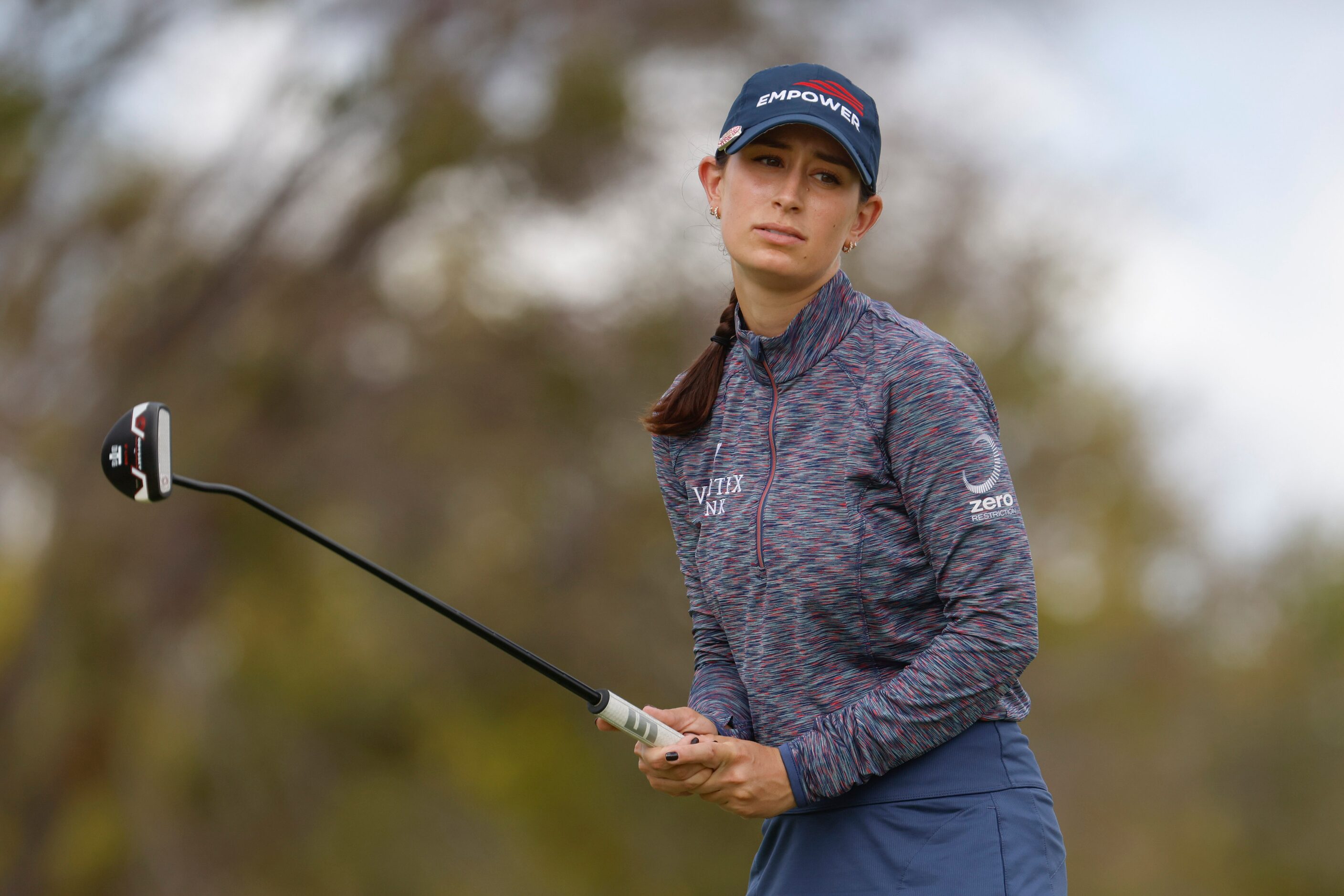 Cheyenne Knight of United States looks disappointed after missing a putt on 10th green...