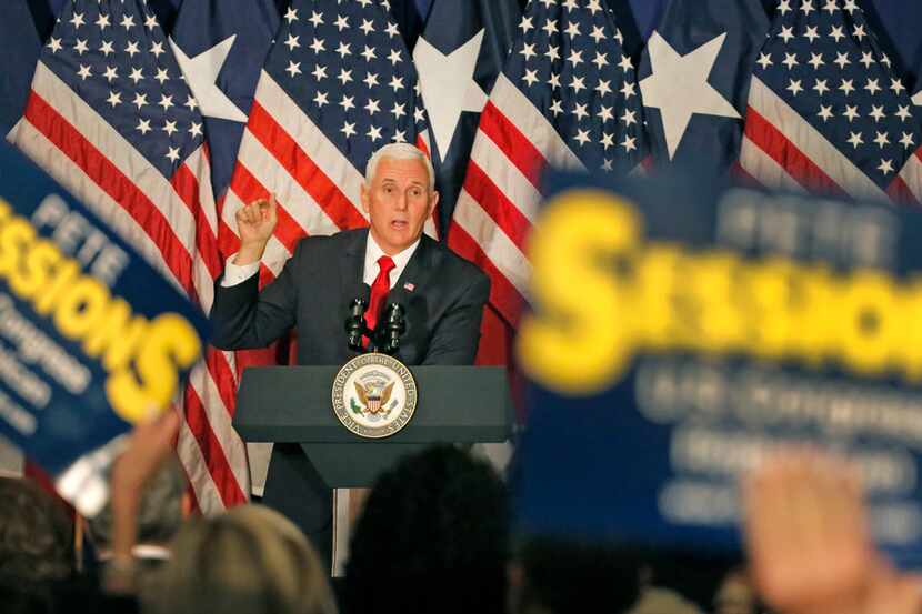 US Vice President Mike Pence speaks to the crowd as he campaigns for congressman Pete...