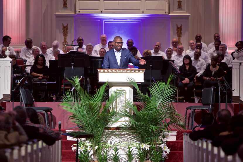 Visiting Pastor Bryan Carter of Concord Church delivers a sermon to the congregants of Park...