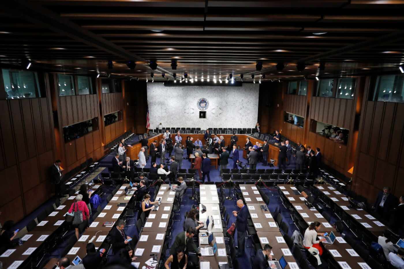 The hearing room was prepared for former FBI Director James Comey's appearance before the...