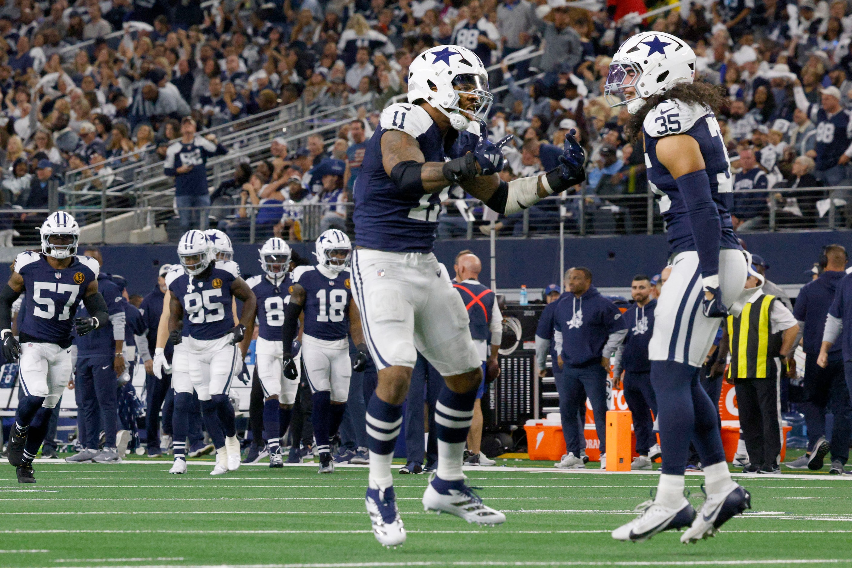 Dallas Cowboys linebacker Micah Parsons (11), left and Dallas Cowboys linebacker Marist...