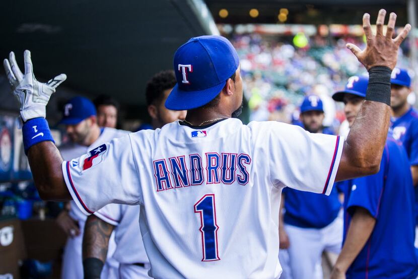 Texas Rangers shortstop Elvis Andrus (1) jokes around in the dugout before their game...