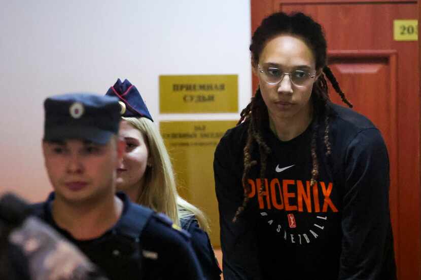 WNBA star and two-time Olympic gold medalist Brittney Griner is escorted to a courtroom for...