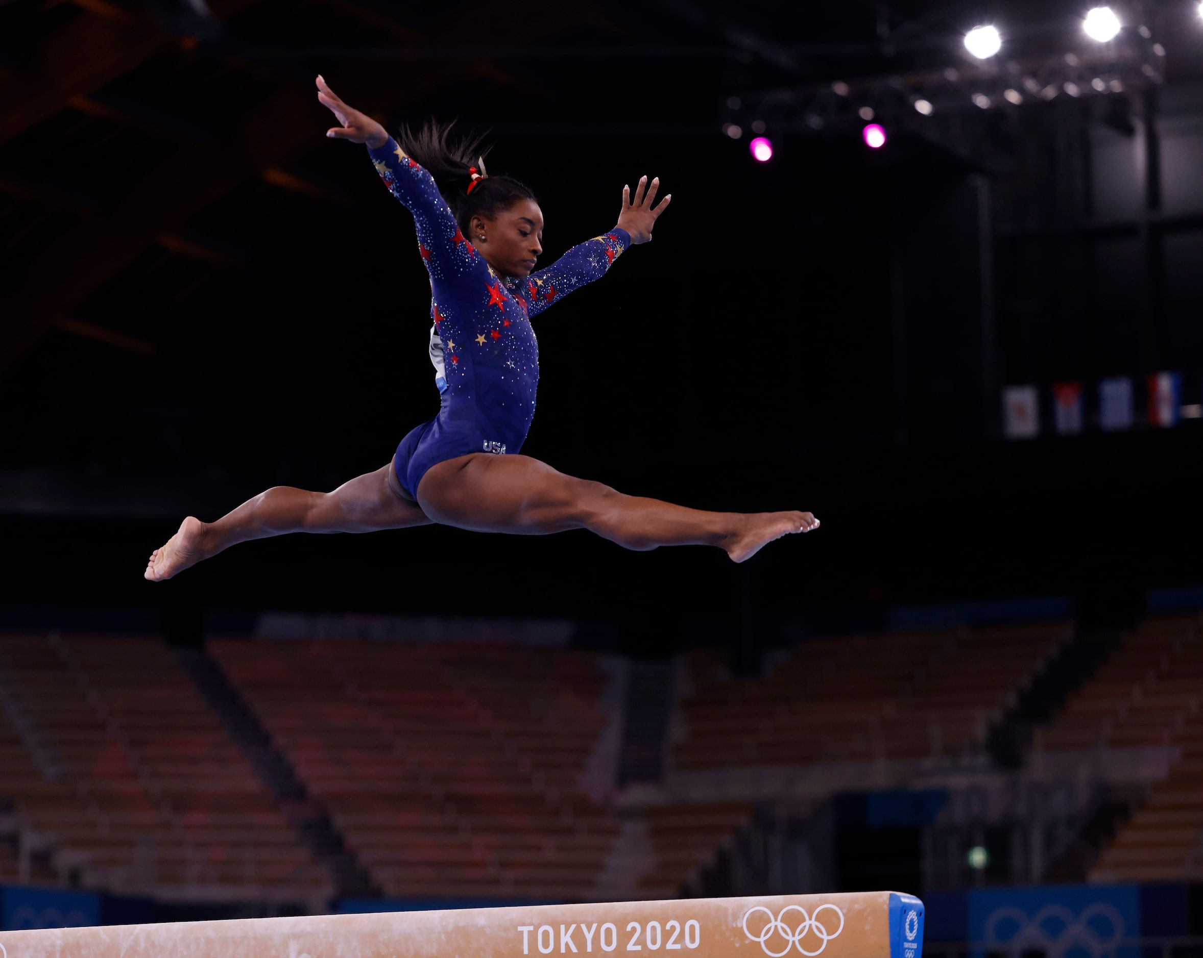 USA’s Simone Biles competes on the balance beam in a women’s gymnastics event during the...