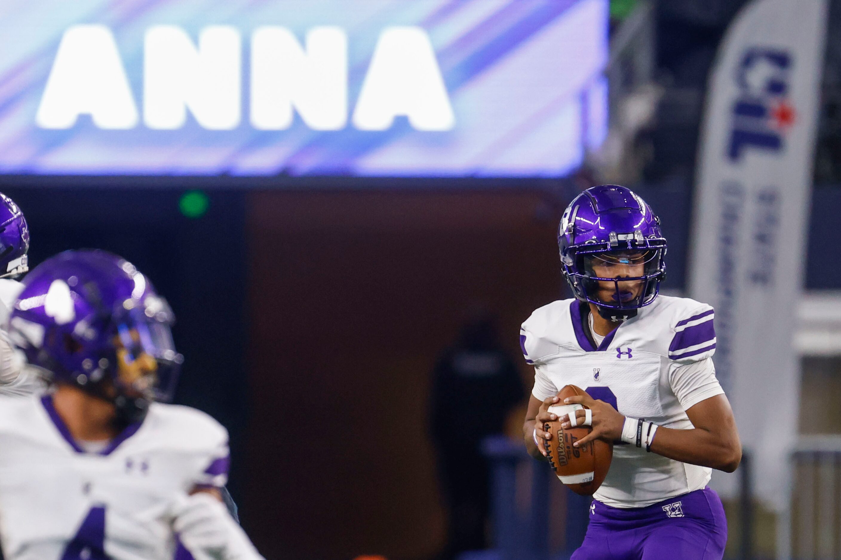 Anna High’s Ziondre Williams looks to throw the ball against Tyler Chapel Hill during the...