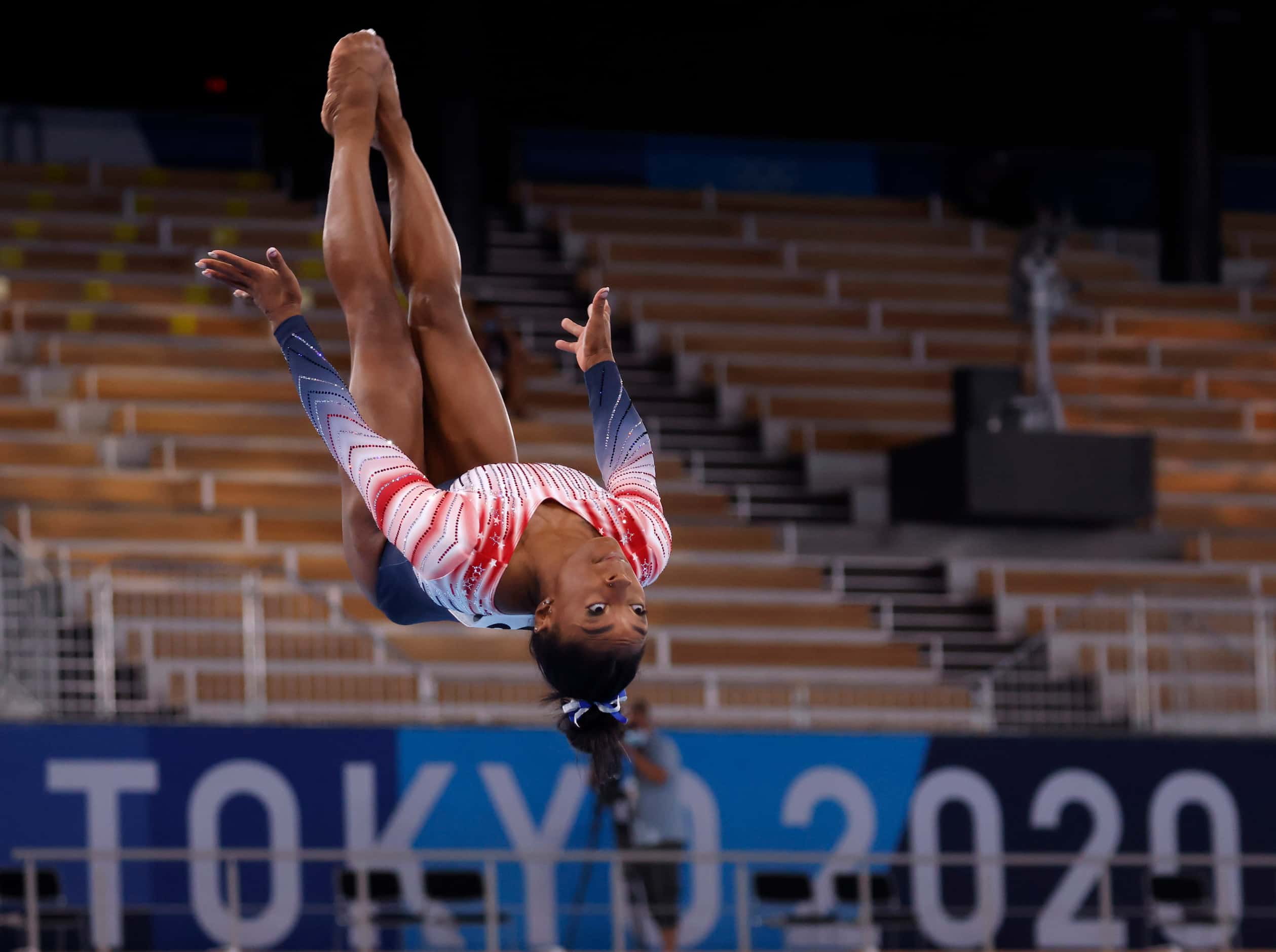 USA’s Simone Biles competes in the women’s balance beam final at the postponed 2020 Tokyo...