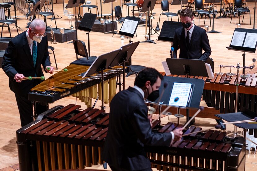 Gregory Zuber, far left, principal percussion of the Metropolitan Opera Orchestra, principal...