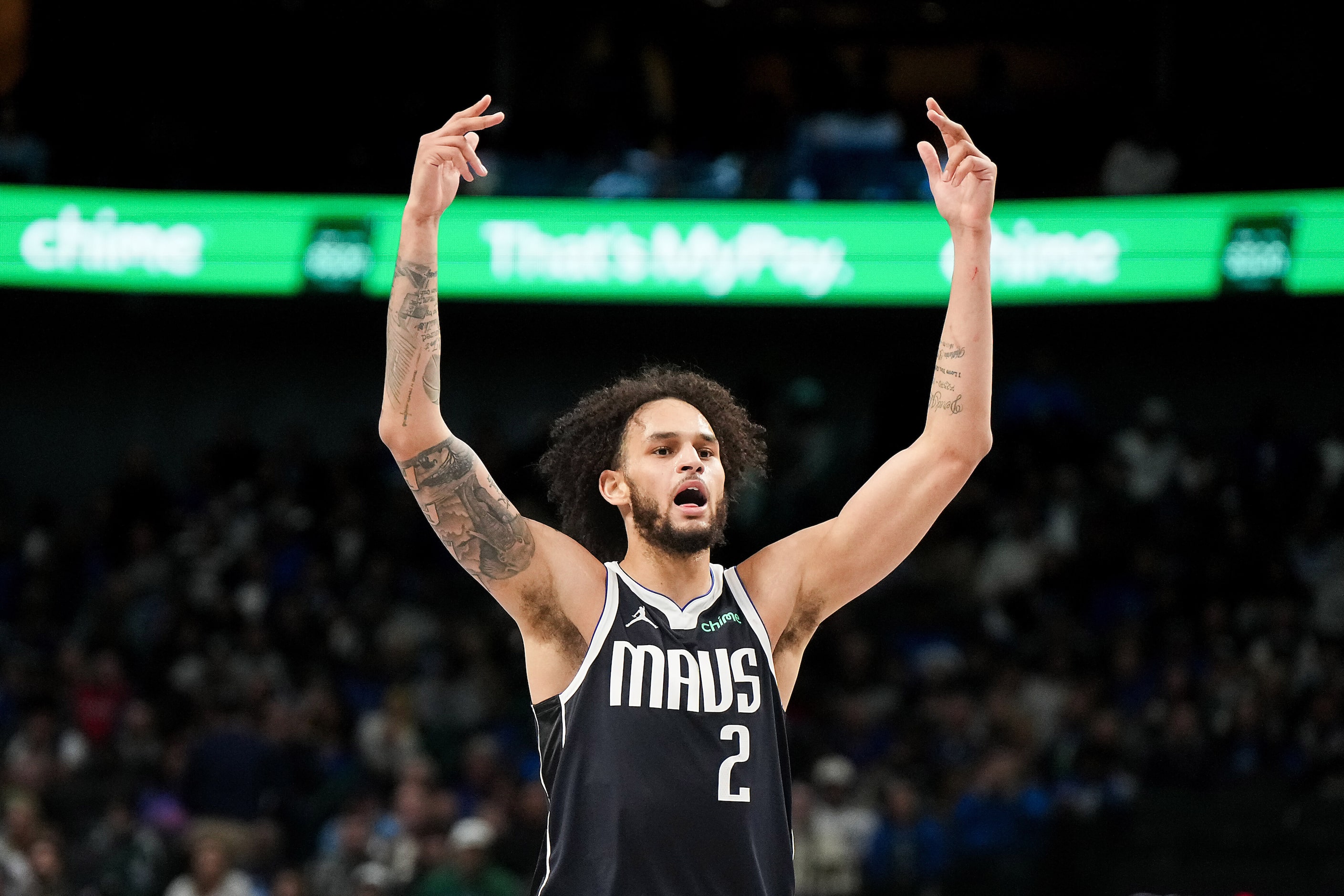 Dallas Mavericks center Dereck Lively II reacts to a call during the second half of an NBA...