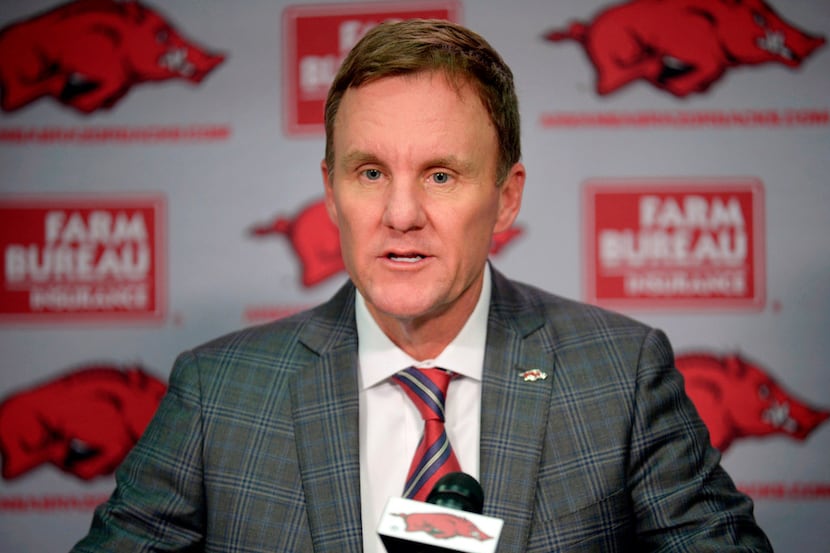 Arkansas coach Chad Morris speaks during an NCAA college football press conference in...