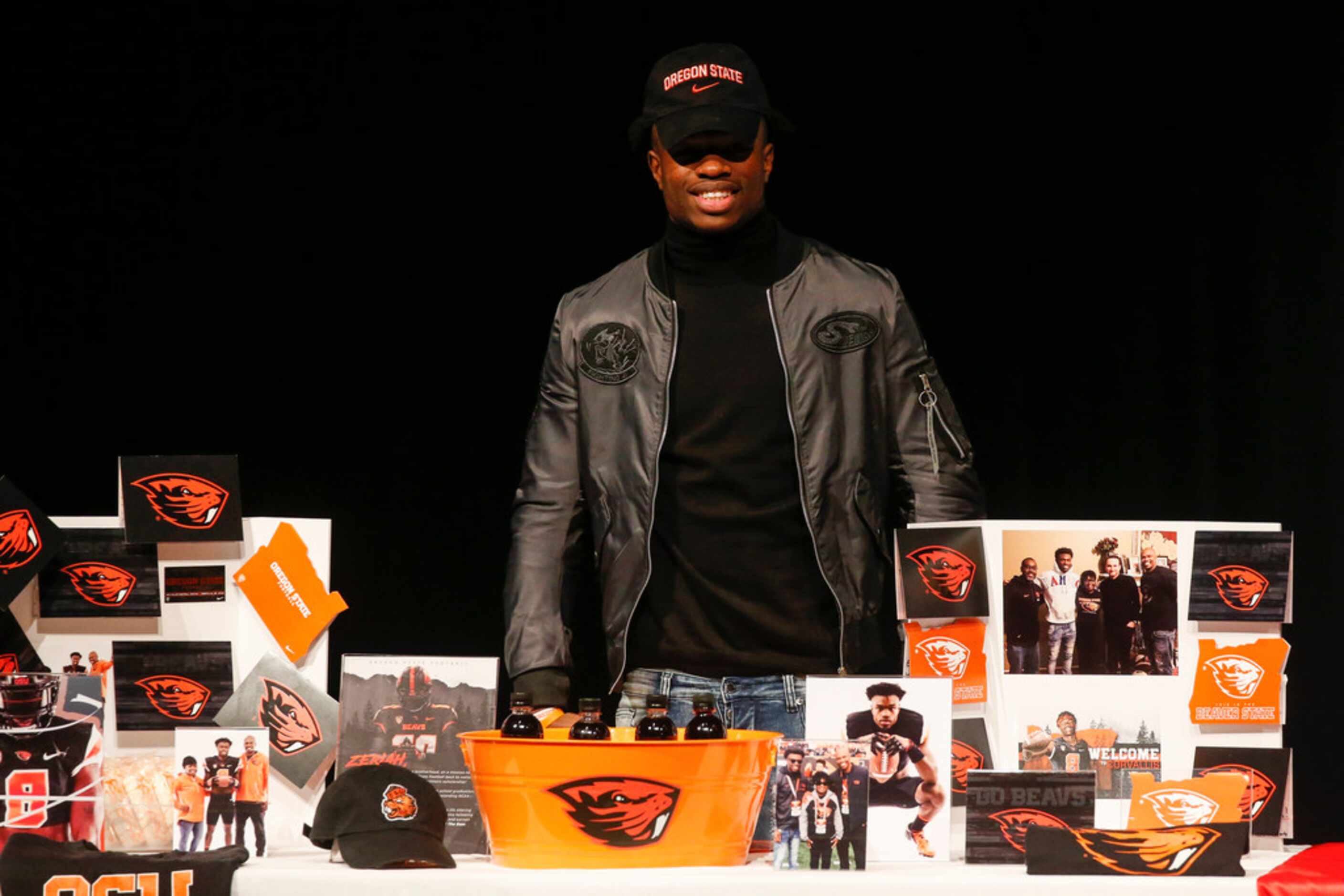 Zeriah Beason, who signed with Oregon State University, stands during a National Signing Day...