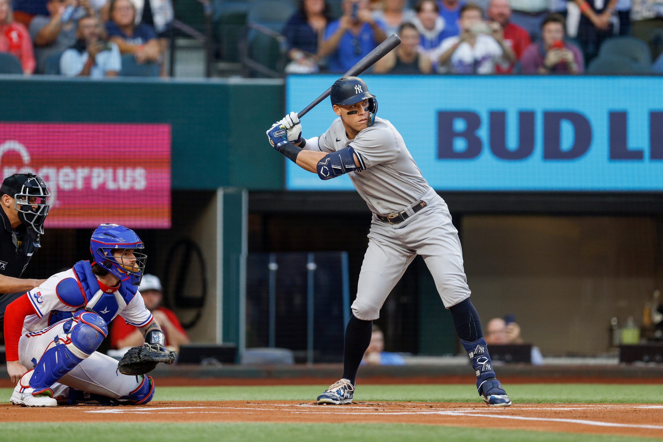 New York Yankees right fielder Aaron Judge (99) waits for a pitch during the first inning of...