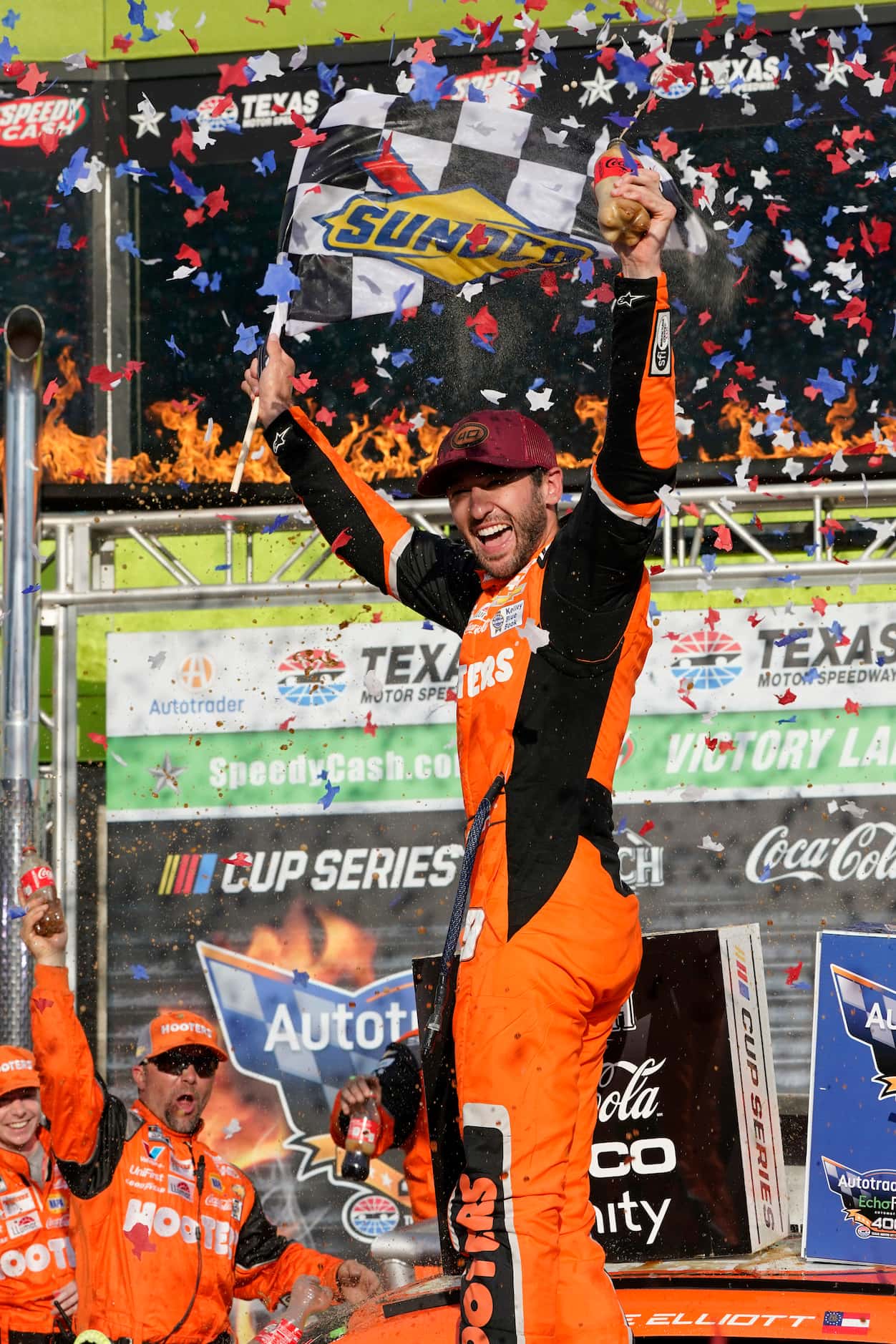 Chase Elliott celebrates after winning a NASCAR Cup Series auto race at Texas Motor Speedway...