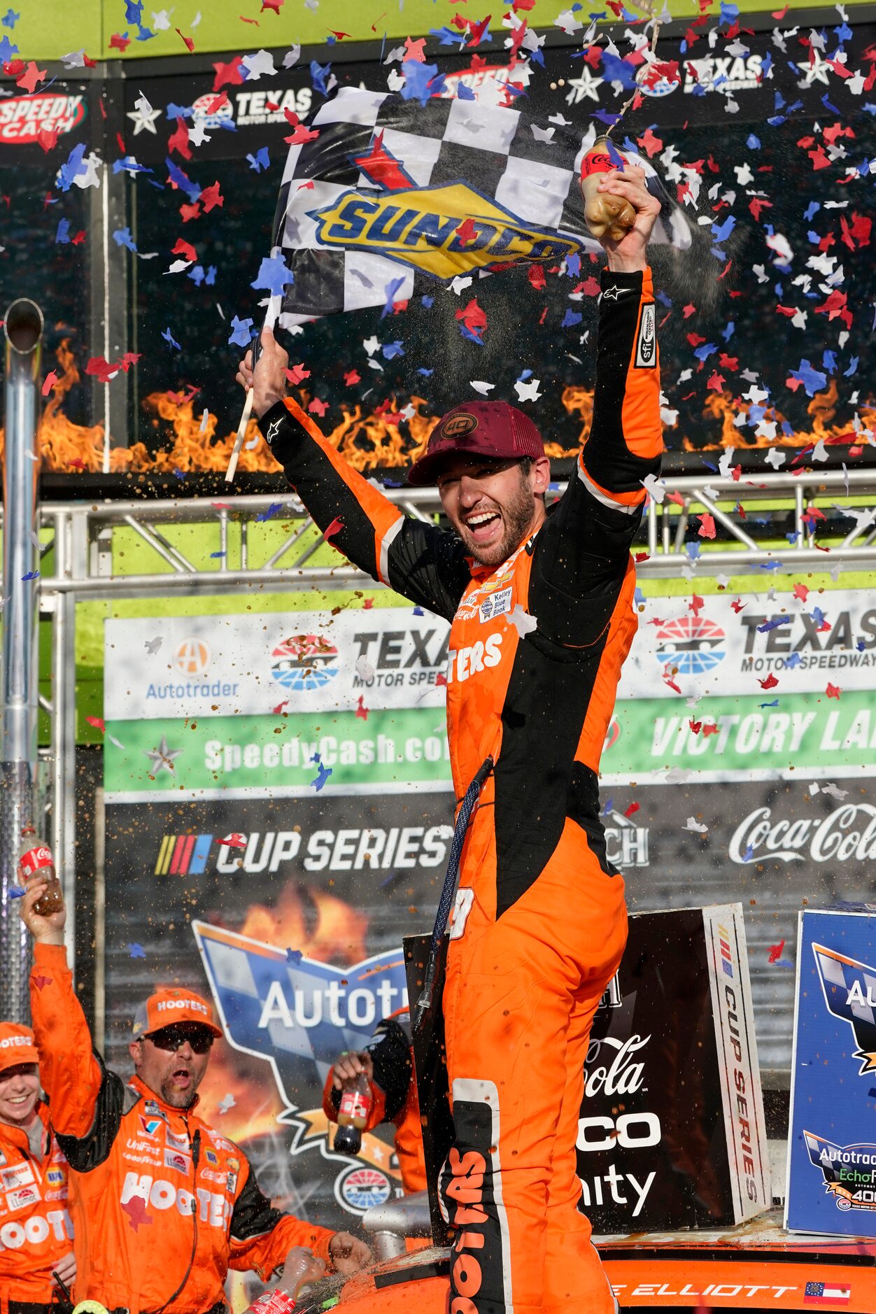 Chase Elliott celebrates after winning a NASCAR Cup Series auto race at Texas Motor Speedway...