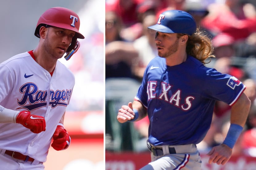 Texas Rangers catcher Mitch Garver, left, and outfielder Travis Jankowski, on right. Photos...