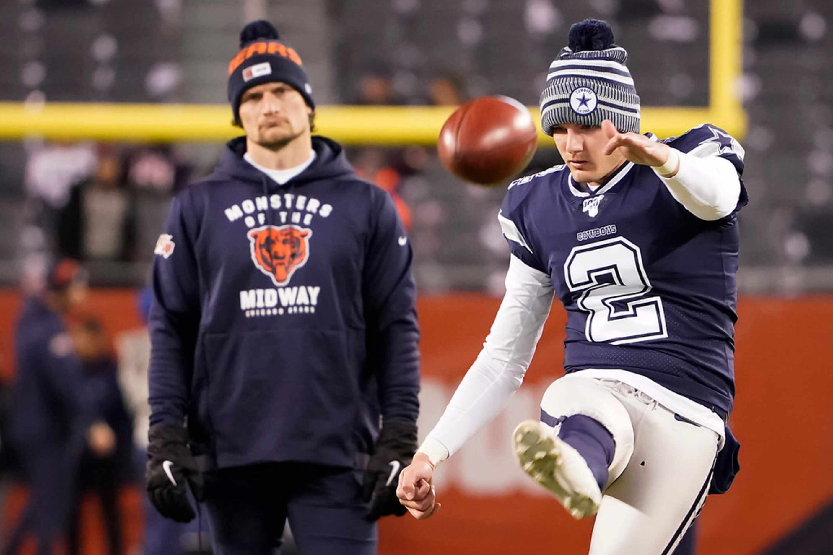 Dallas Cowboys kicker Brett Maher warms up before an NFL football game against the Chicago...