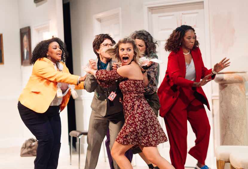 The cast in one of many volatile moments in Stage West Theatre's regional premiere of Selina...