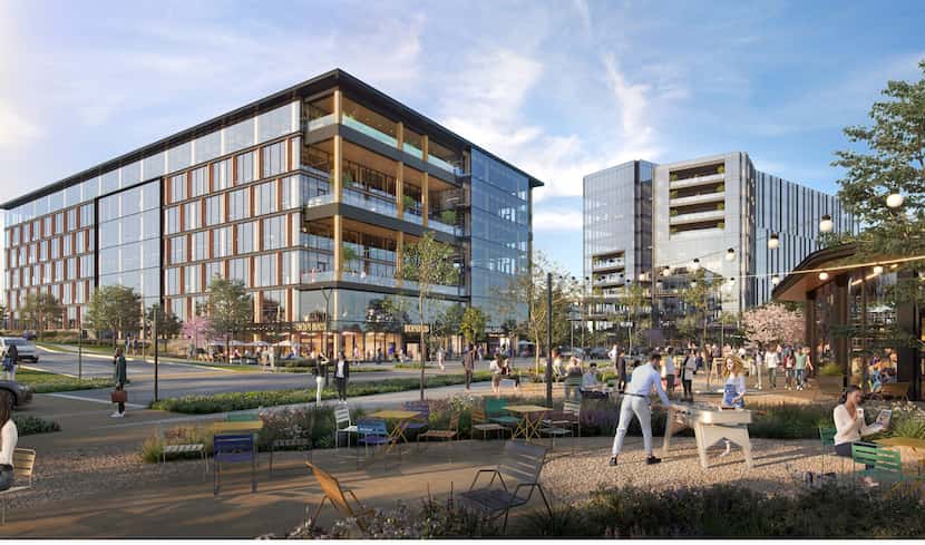 The new Offices at Southstone Yards building under construction in Frisco uses mass timber...