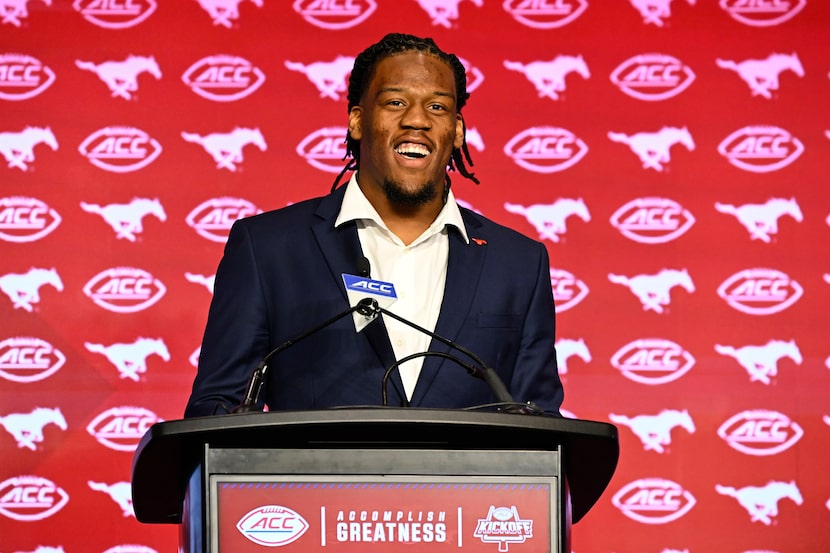 SMU defensive end Elijah Roberts smiles during the Atlantic Coast Conference NCAA college...