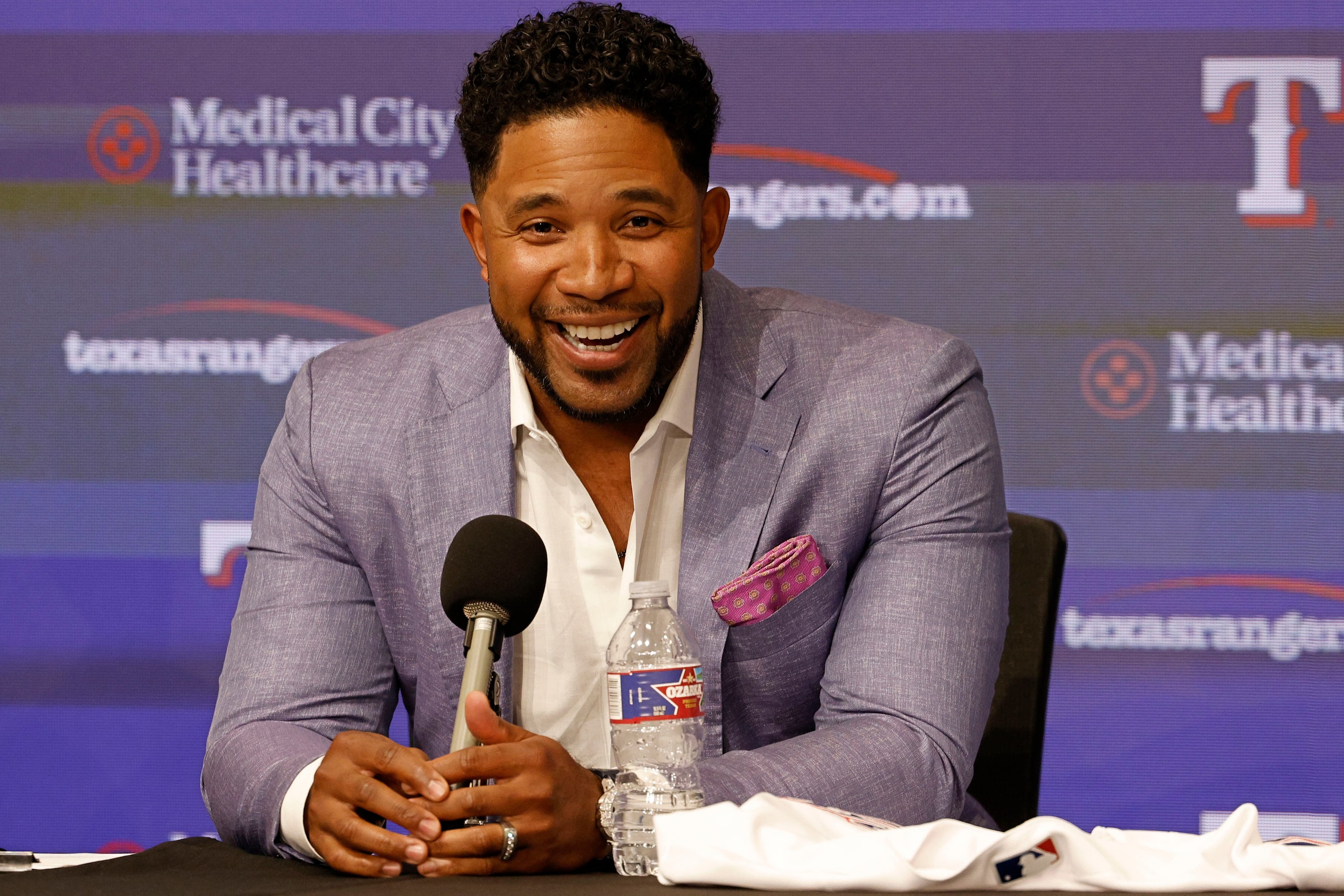 Elvis Andrus  speaks during a news conference to announce his official retirement as member...