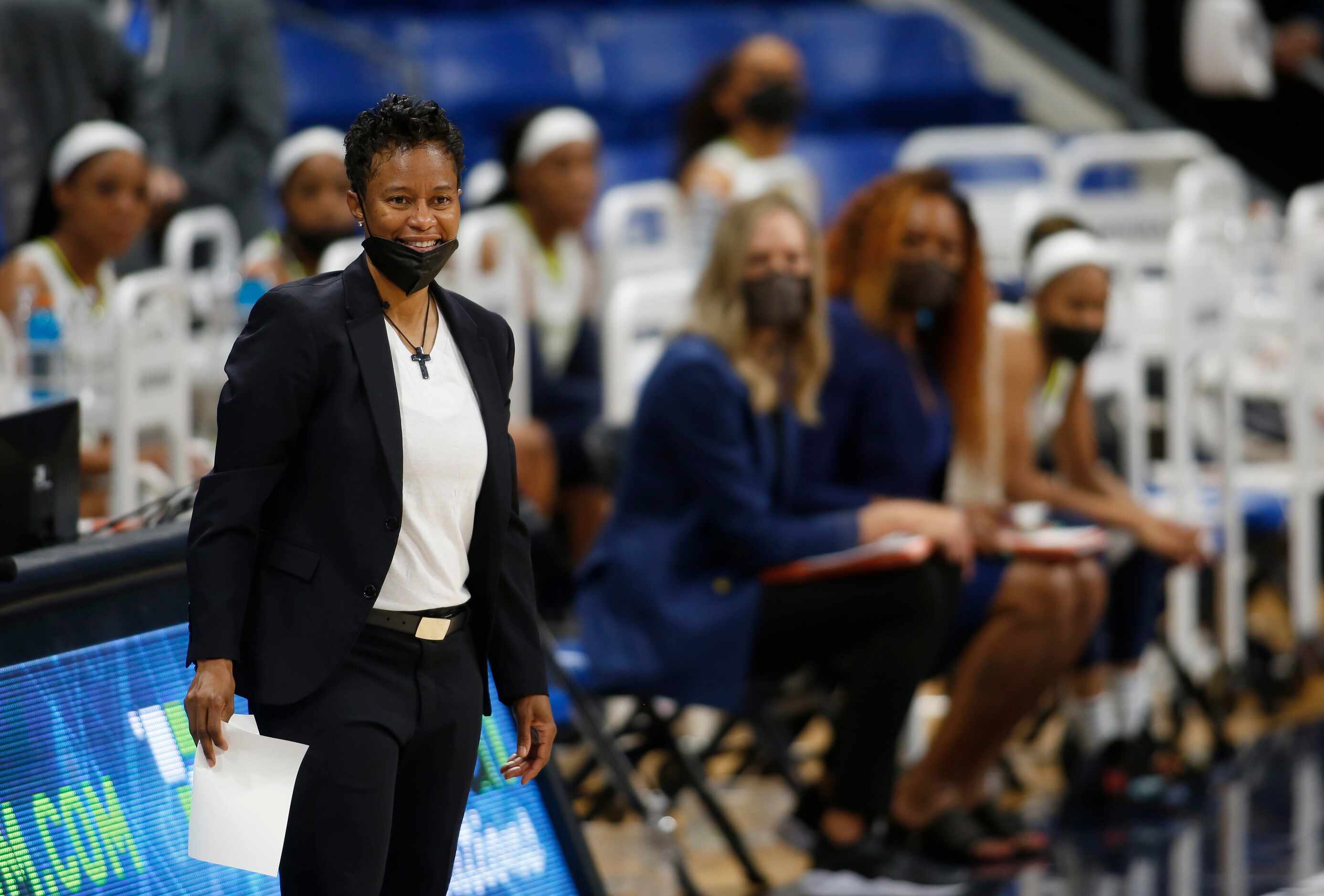 Dallas Wings head coach Vickie Johnson reacts to a play during second half action against...