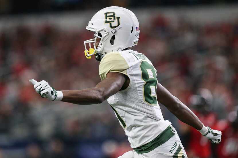 Baylor Bears wide receiver Tyquan Thornton (81) celebrates a touchdown during the first half...