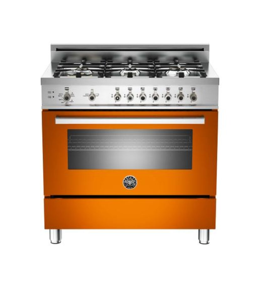 
Orange splash: Bertazzoni 30, a four-burner gas range in cheery orange, has telescopic...