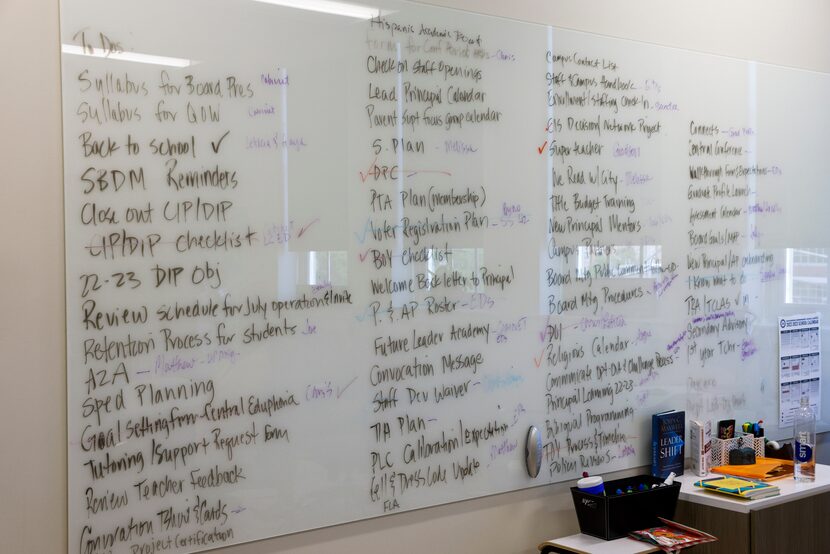 One entire wall of new Richardson Superintendent Tabitha Branum's office in the RISD...