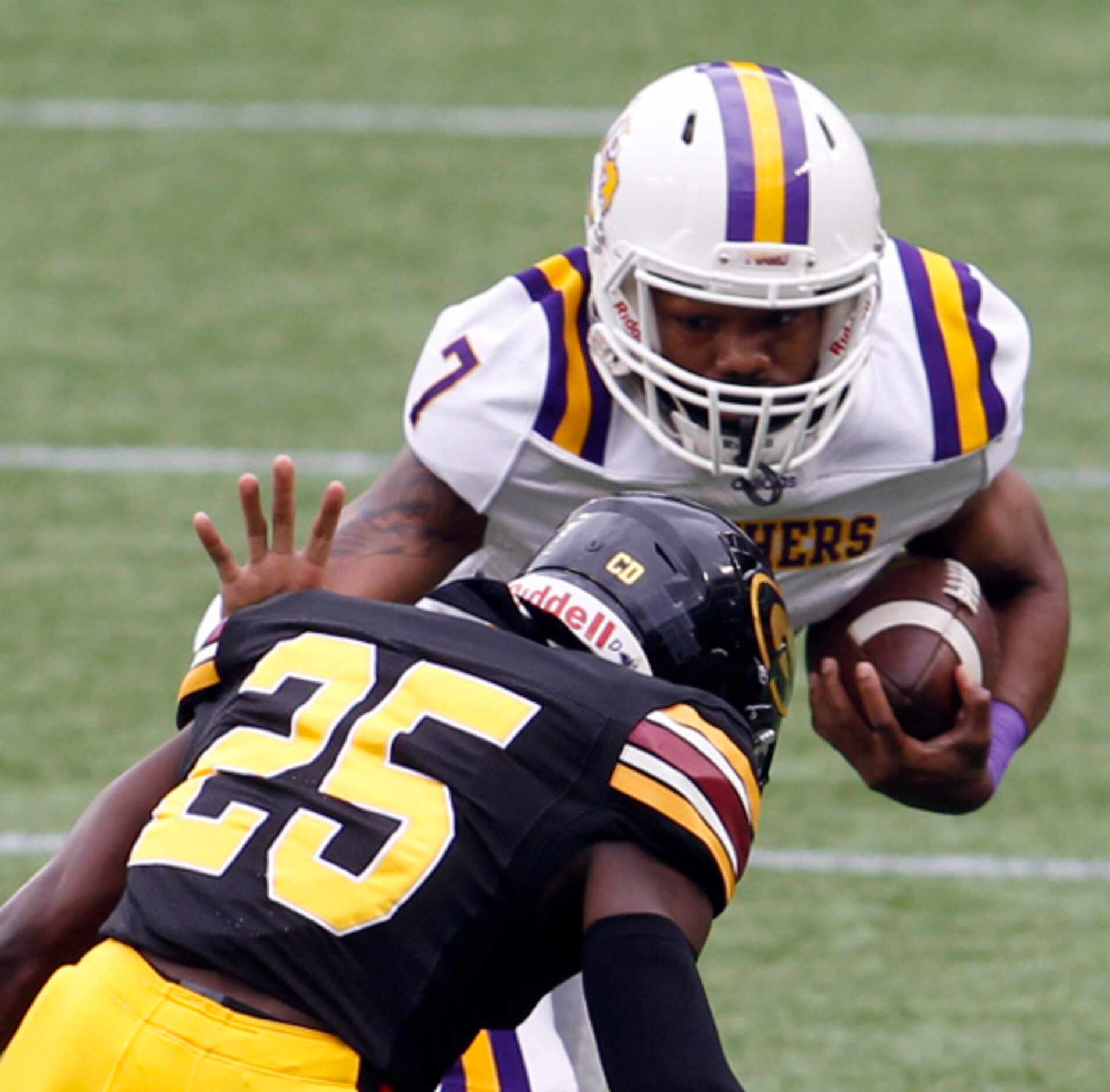 Prairie View A&M running back Kristian Mosely (7) is unable to avoid the defensive pursuit...