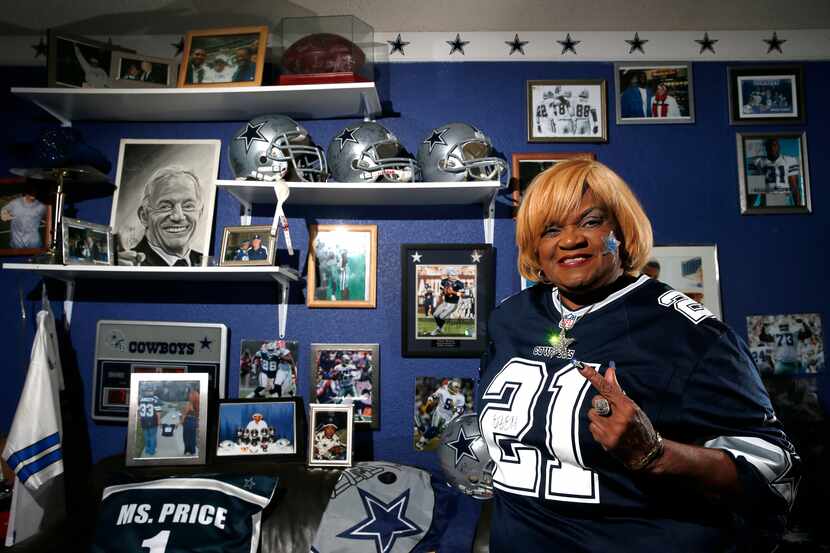 Dallas Cowboys fan Carolyn Price poses for a portrait at her house in Lancaster on Tuesday,...