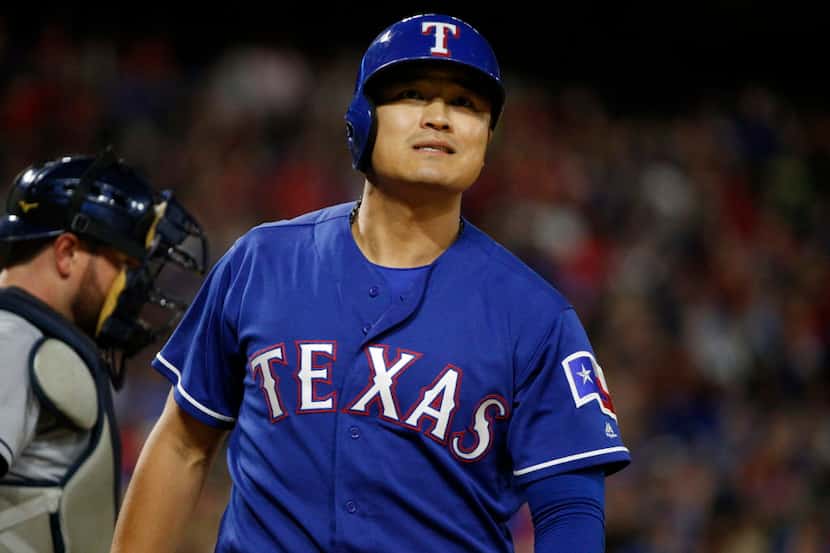 Texas Rangers right fielder Shin-Soo Choo (17) reacts after striking out against Tampa Bay...