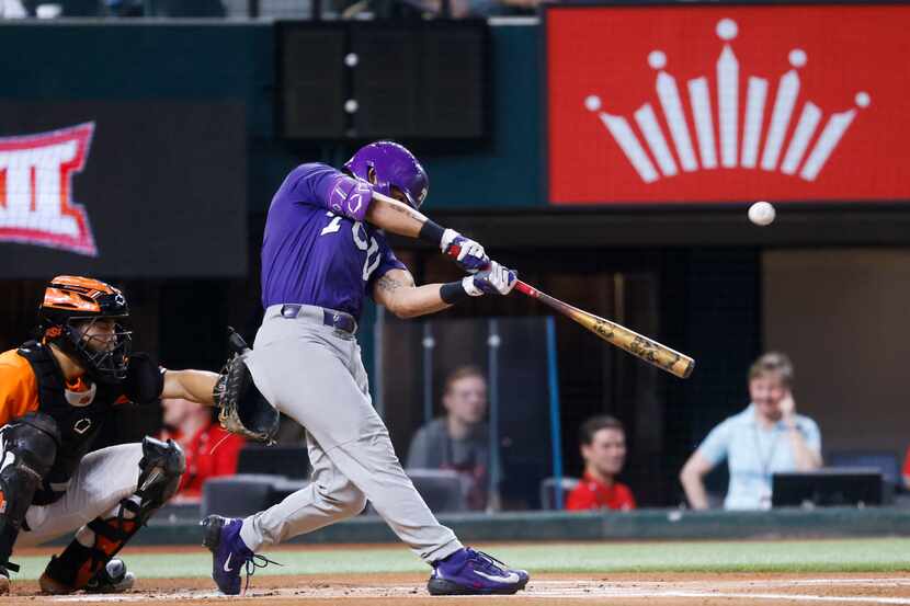 TCU outfielder Elijah Nunez hits for a run during the first inning of Big 12 baseball...