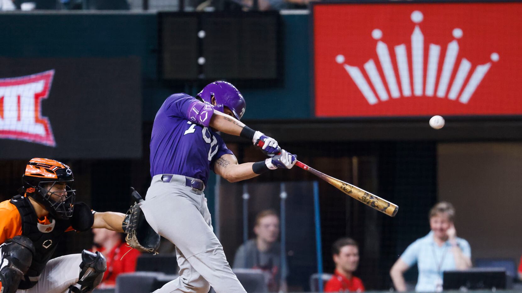 TCU outfielder Elijah Nunez hits for a run during the first inning of Big 12 baseball...