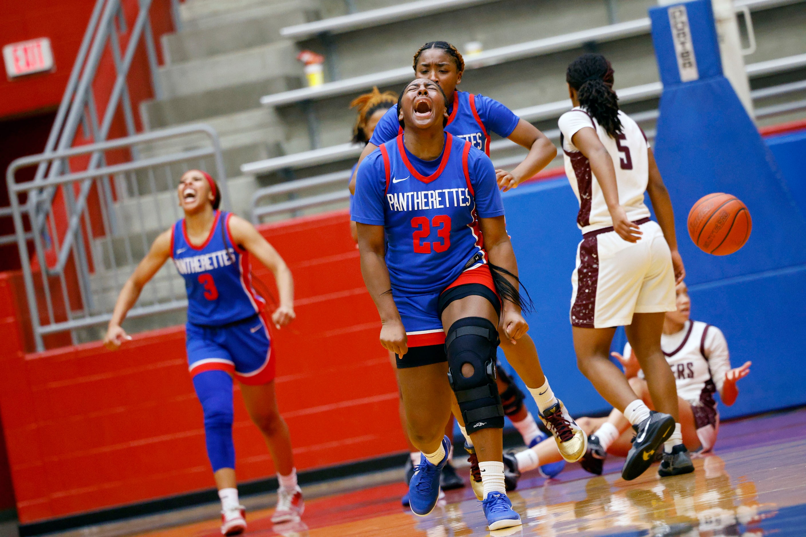 Duncanville's Trystan James (23) reacts during the second half of a high school basketball...