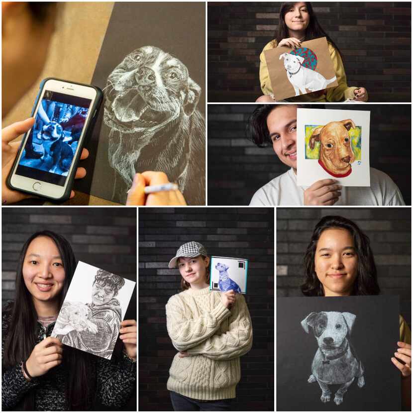 (top left) Grace Biltz works on a drawing of a dog in need of adoption on Feb. 3, 2020 at...