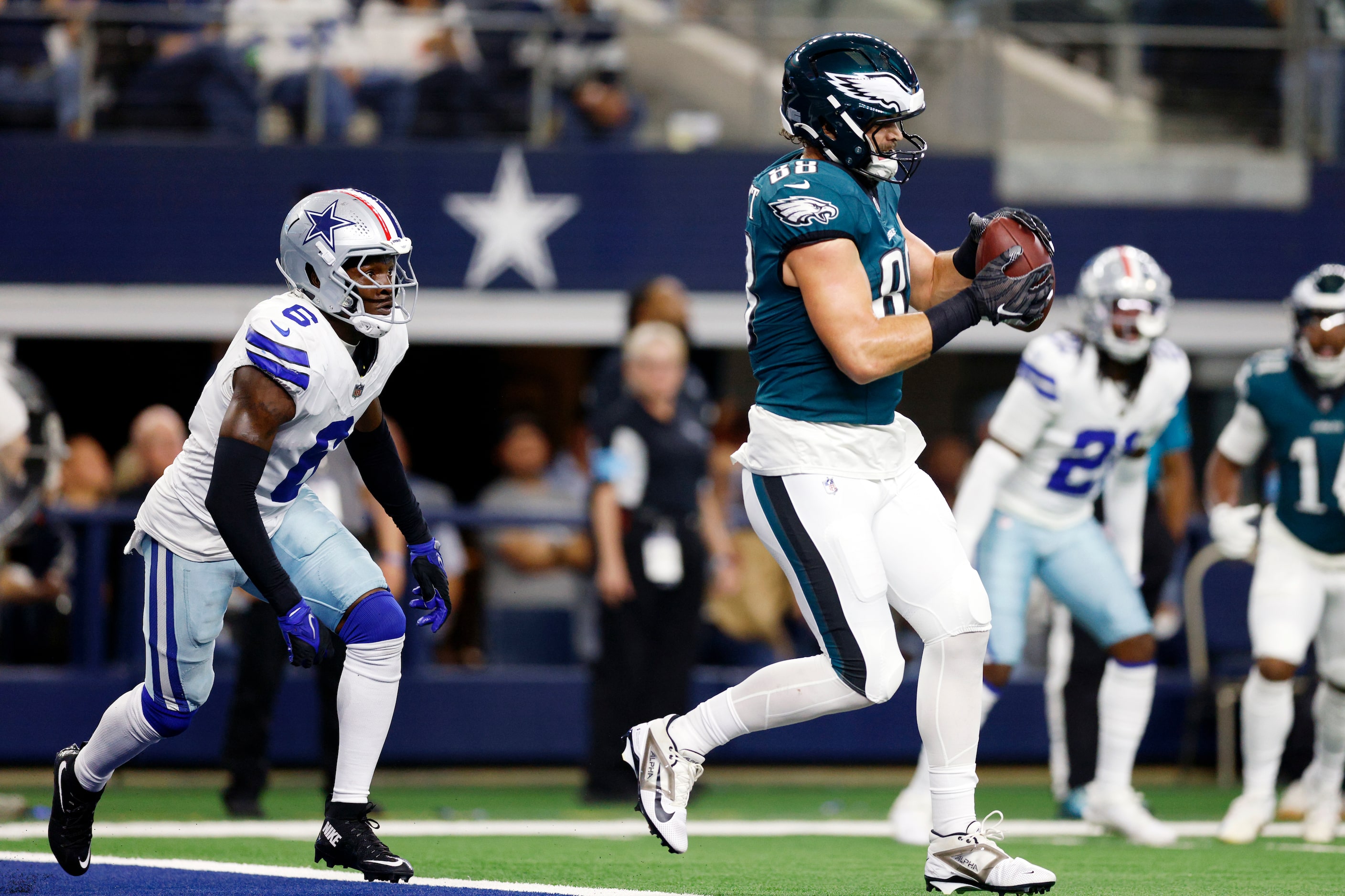 Philadelphia Eagles tight end Dallas Goedert (88) catches a pass for a touchdown ahead of...