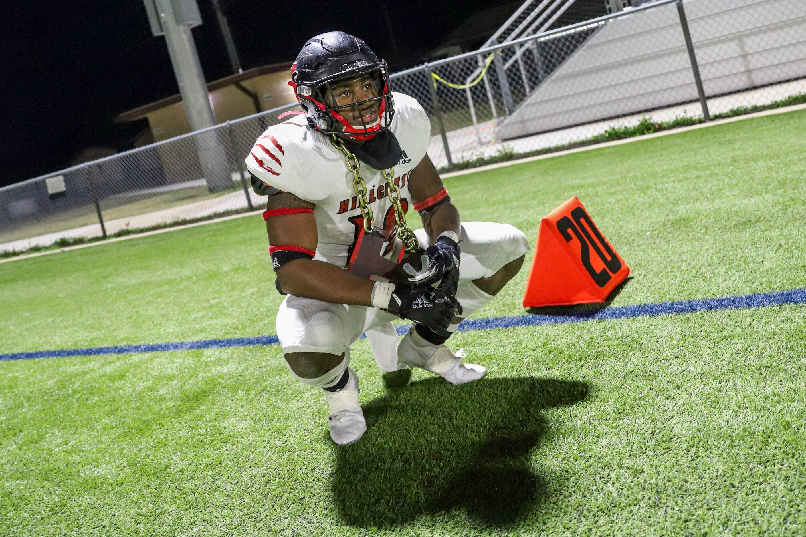 Hillcrest linebacker Damarlynn Bell (19) recovers on the sideline after recovering a...