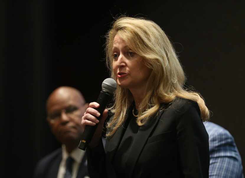 Dallas mayoral candidate Lynn McBee speaks during the Downtown Residents Council mayoral...