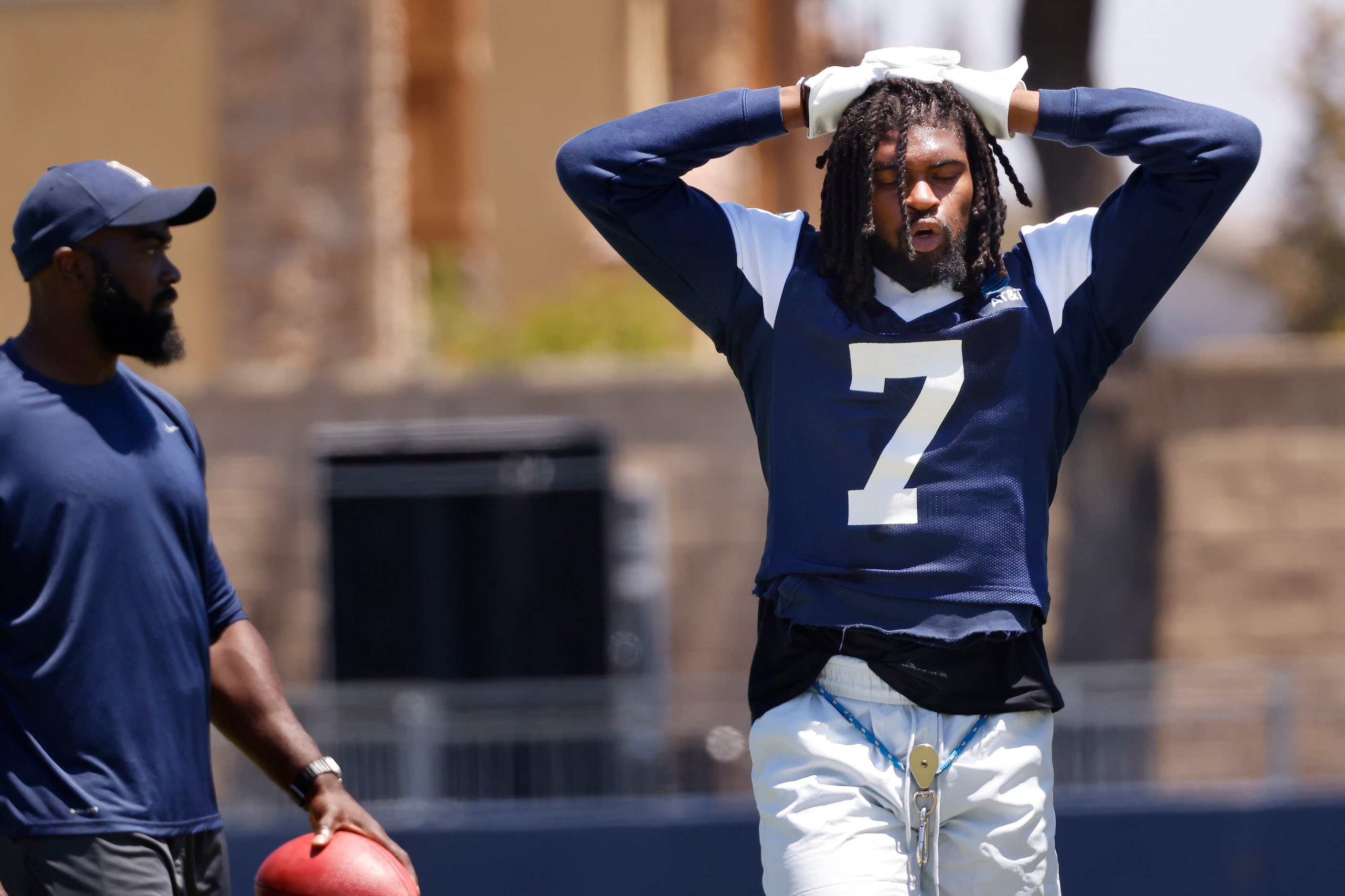 Dallas Cowboys cornerback Trevon Diggs (7) takes a breather after multiple pass routes while...