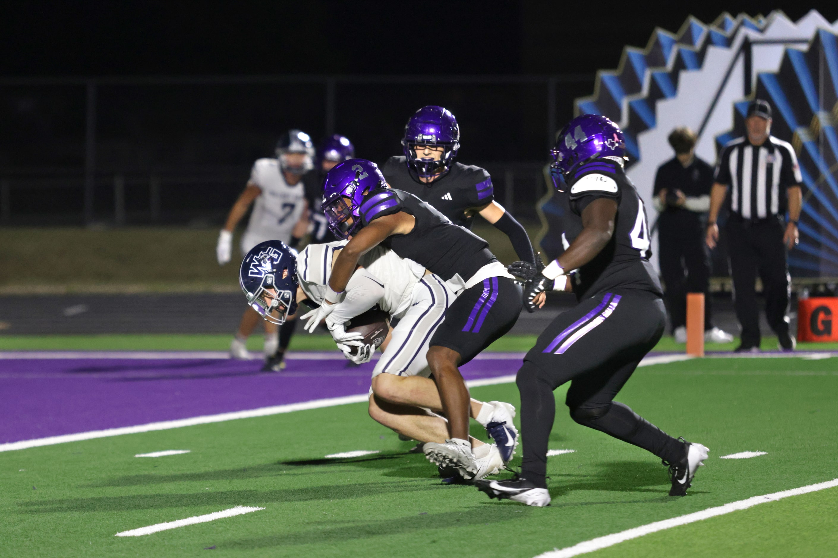 Walnut Grove player #3 Luke Watkins gets stopped just short of the goal by Anna player #2...