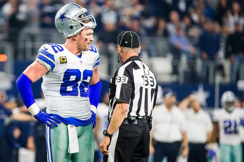 Dallas Cowboys tight end Jason Witten (82) argues with back judge Steve Freeman during the...