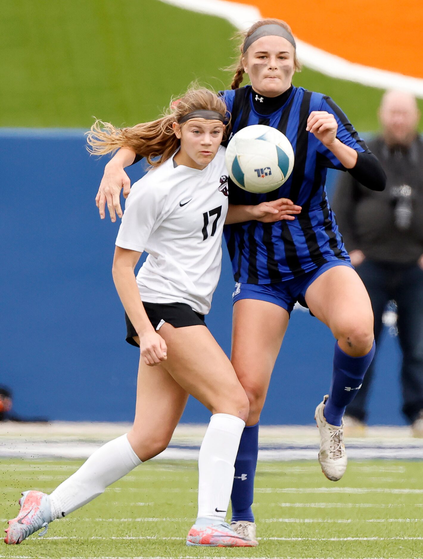 Flower Mound Marcus forward Madi Patterson (17) and Trophy Club Byron Nelson forward Tina...