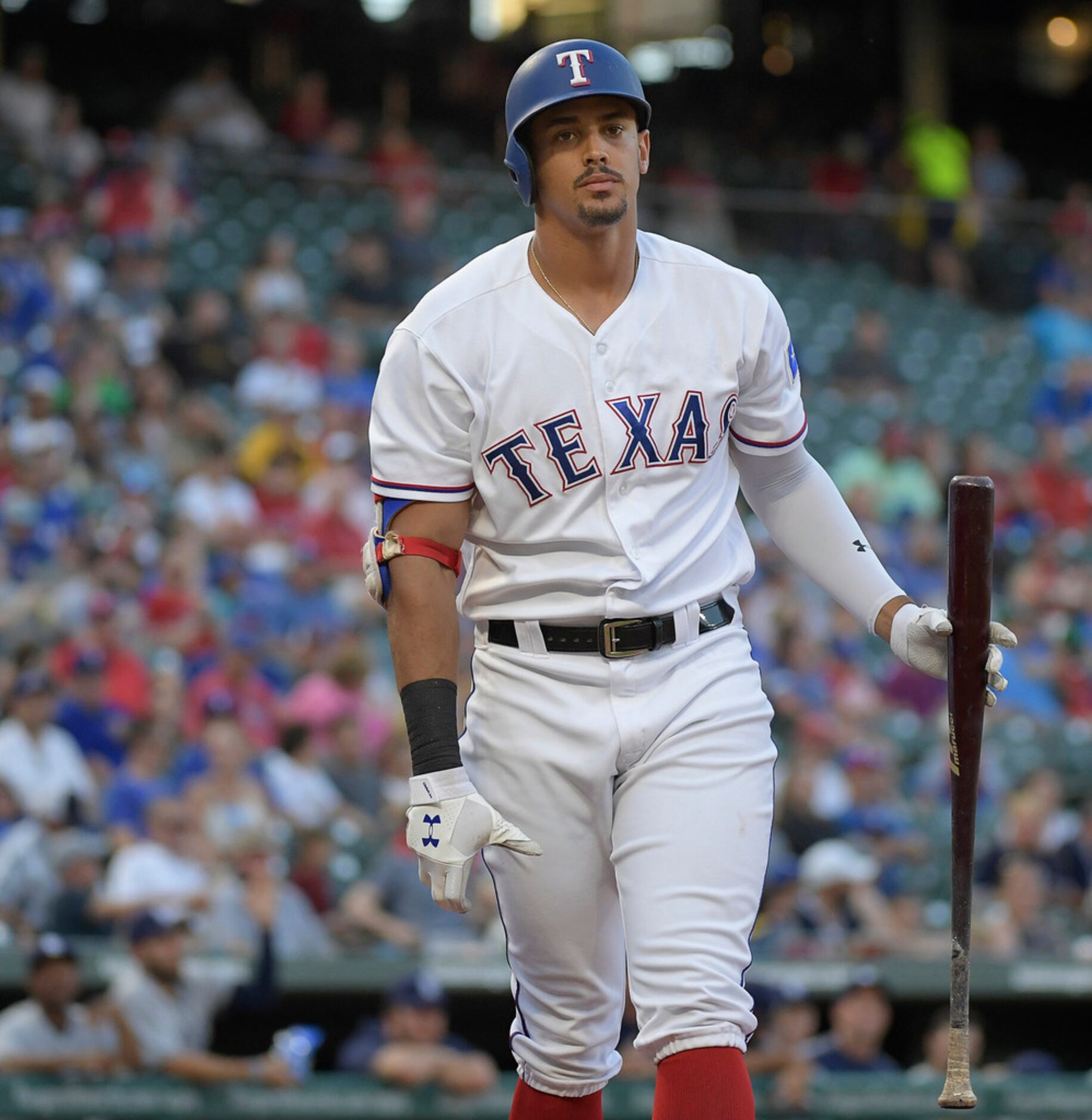 Texas Rangers first baseman Ronald Guzman (67) strikes out during the third inning as the...