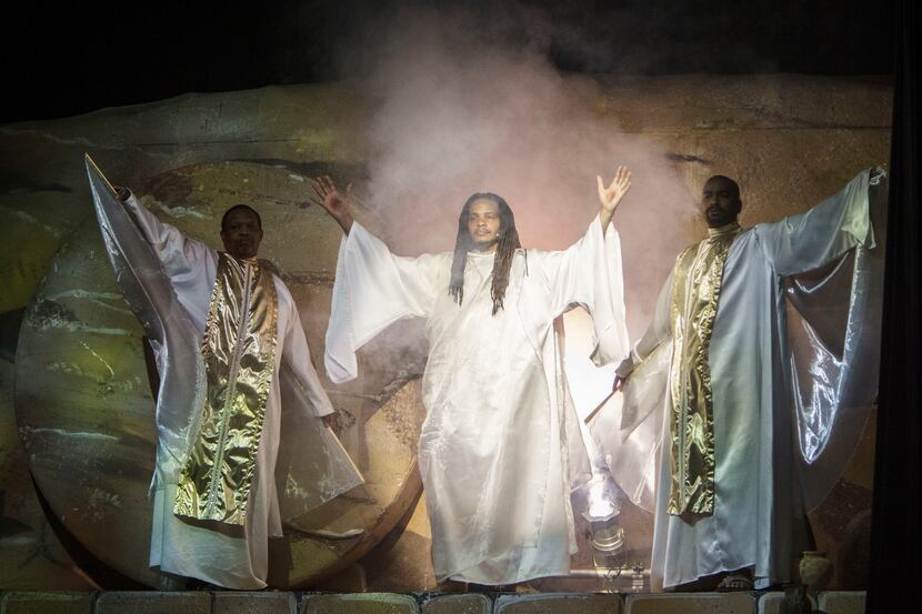 Jeremy Hurd, playing Jesus, appears from the tomb during at Oak Cliff Bible Fellowship's...