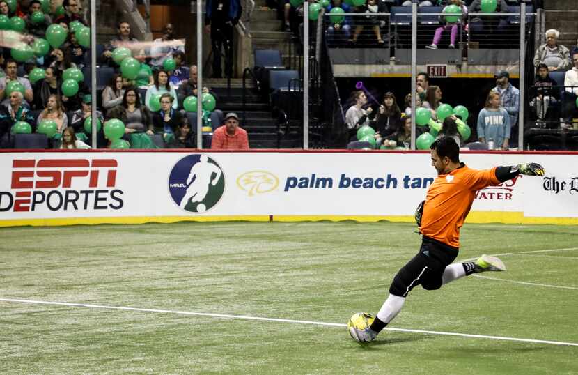 Sidekicks goalkeeper Juan Gamboa kicks the ball during the club's 2018-19 home opener....