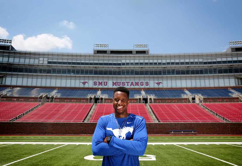 SMU wide receiver Courtland Sutton poses for a photograph at Gerald J. Ford Stadium at SMU...