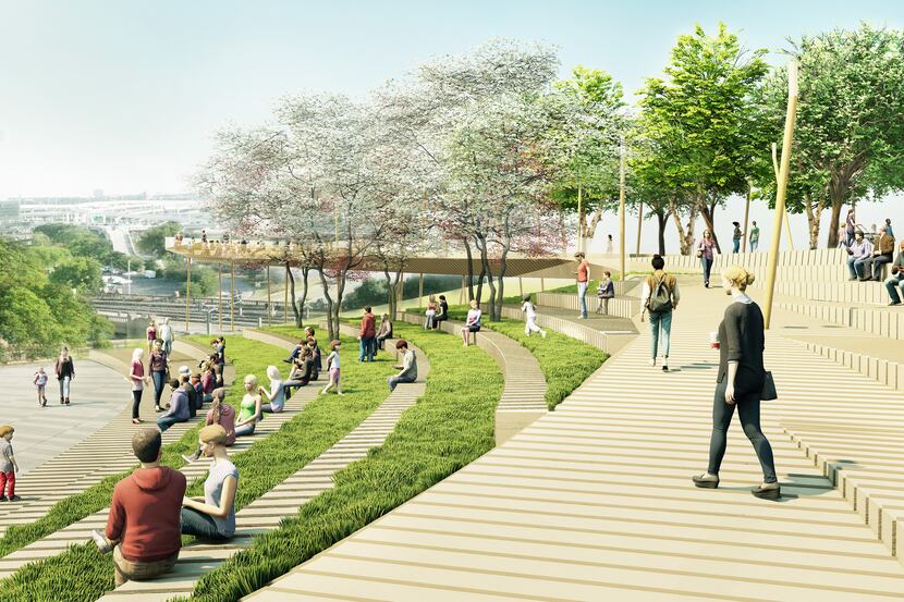 In the proposed redesign of Dealey Plaza, the curving path to the Memorial Overlook forms an...