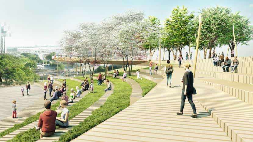 In the proposed redesign of Dealey Plaza, the curving path to the Memorial Overlook forms an...